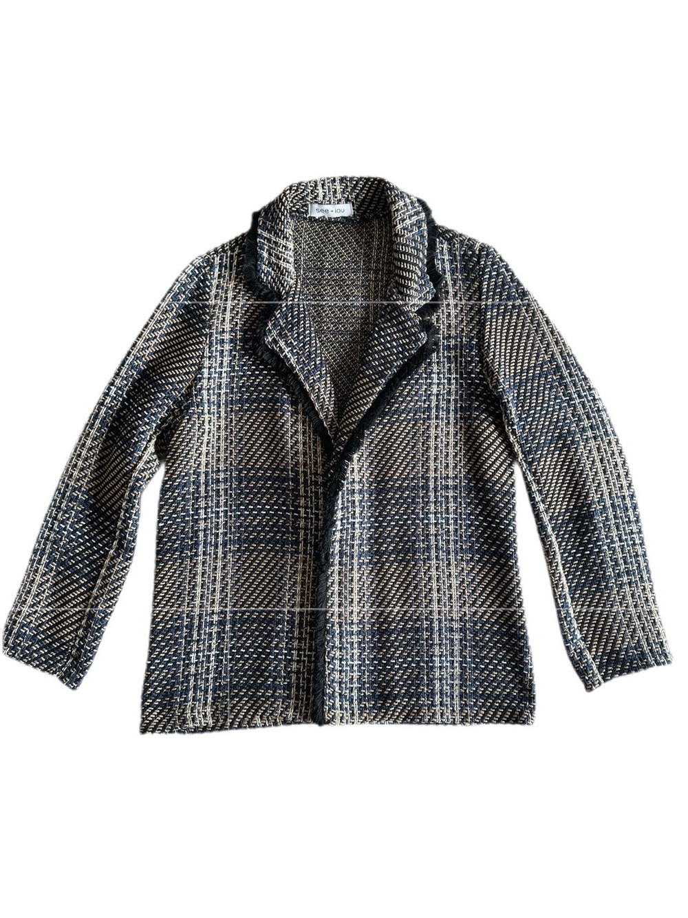 See Iou Blue Cream Plaid Tweed Fringe Trim Blazer Size S